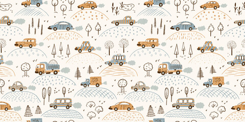 Vector Kids Transportation Seamless Pattern of Doodle Toy Cars, Hills and Trees. Playful Nursery Background in Earth Tones for Baby Textiles, Wallpaper, Wrapping Paper. © AllNikArt