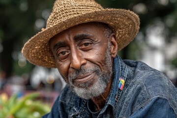 Fototapeta premium Elderly Black man portrait with straw hat, gray beard, and rainbow pin.