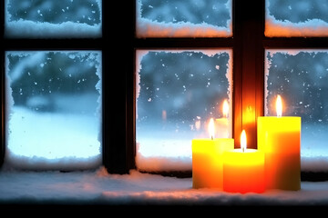 Three candles glowing brightly on a snowy windowsill in front of a frosty winter window scene outside