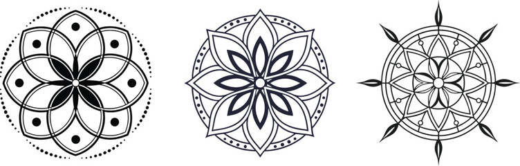Black & White Mandala Trio – Intricate Geometric Line Art for Tattoo, Decor & Design. Diwali Art