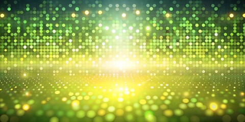 Abstract digital background with glowing green and yellow lights, resembling a data network or futuristic technology, with a bright central illumination and bokeh effect