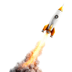 Retro style rocket ship blasting off with bright orange flames and smoke isolated on transparent background