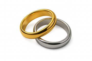 Two wedding rings, gold and silver, overlapping on transparent background