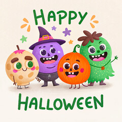 Cute and funny Halloween illustration of a cartoon pumpkin character for a holiday greeting card design
