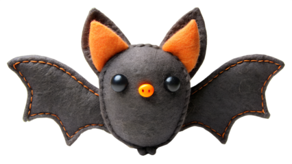 A cute, handmade felt bat with orange ears and big eyes, isolated on a transparent background, perfect for halloween crafts and decorations