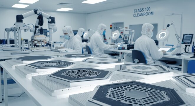 Hypersonic glidevehicle thermal shield components arranged methodically in a cleanroom equipped for precision bonding and quality control.