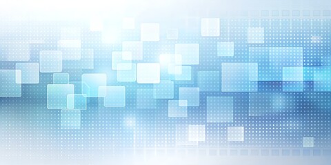 Abstract technological background with glowing blue and white squares and a digital grid pattern, representing concepts of data, network, and future technology with a clean, bright aesthetic