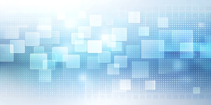 Abstract technological background with glowing blue and white squares and a digital grid pattern, representing concepts of data, network, and future technology with a clean, bright aesthetic - Powered by Adobe