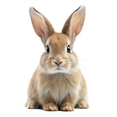 A cute, fluffy brown and white rabbit with long ears and big eyes, sitting and looking forward, isolated on transparent background © MSTNAZMUN