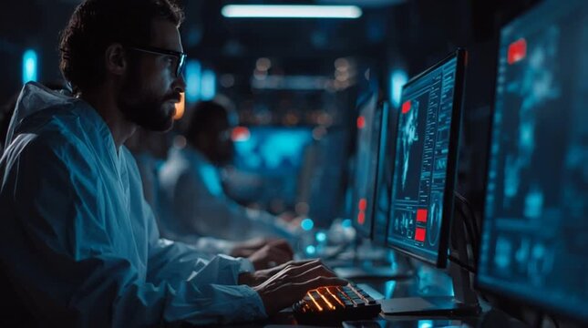 Programmatore concentrato digita al computer in laboratorio high-tech, davanti a pi&ugrave; monitor con interfacce blu. Concetto di coding, cybersecurity, analisi dati, lavoro notturno e tecnologia avanzata