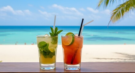 Tropical Drinks at the Beach: Two vibrant, refreshing beverages beckon, adorned with fresh citrus and vibrant accents, poised on a sunny beach.