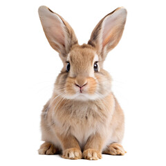 A cute, fluffy brown rabbit with long ears sitting and looking forward, isolated on a transparent background, representing nature and innocence