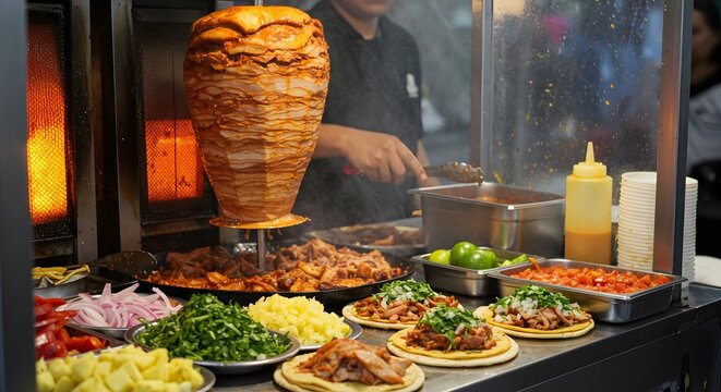 Tacos stand at the Food Vendor: A close-up photograph capturing the art of taco preparation in a vibrant food stand, showcasing the sizzling ingredients and the chef's skilled touch. 