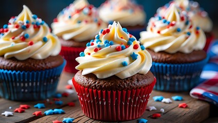 Delicious chocolate cupcakes with vanilla frosting and festive sprinkles