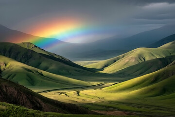 Landscape view of green hills with a rainbow stretching across the sky in the distance view scene
