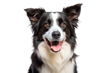 Closeup portrait of a happy border collie dog with its mouth open and tongue out, isolated on transparent background