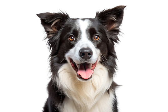 Closeup portrait of a happy border collie dog with its mouth open and tongue out, isolated on transparent background