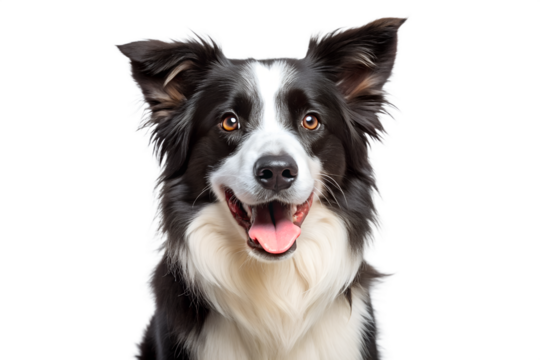 Closeup portrait of a happy border collie dog with its mouth open and tongue out, isolated on transparent background