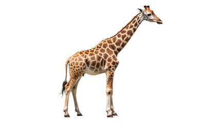 Fototapeta premium A tall giraffe with a long neck and distinctive spotted pattern stands gracefully on a transparent background, showcasing its unique anatomy