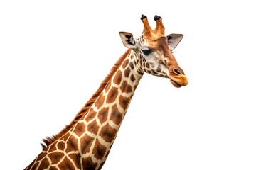 Obraz premium Closeup portrait of a giraffes head and long neck, highlighting its distinctive spotted pattern and gentle facial features, isolated on a transparent background