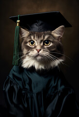 Clever cat proudly wearing a graduation cap and gown, symbolizing achievement and education in a whimsical manner.