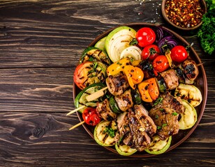 Grilled skewers with vegetables on a plate