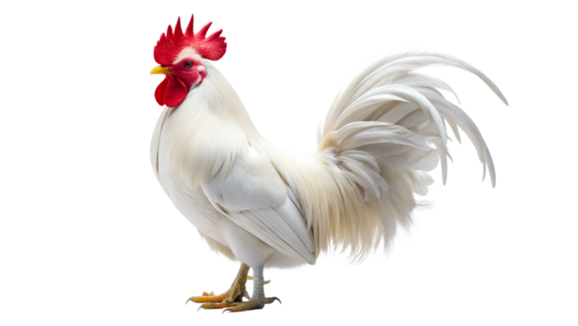 A proud white rooster with a bright red comb and wattle, standing elegantly, isolated on a transparent background, showcasing its beautiful plumage