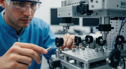 Technician assembling and calibrating a fiber Bragggrating inscription apparatus equipped with fiber clamps and ultrafine stage movement mechanisms.