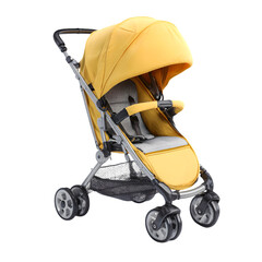 Bright yellow lightweight baby stroller with canopy and safety harness isolated on transparent background
