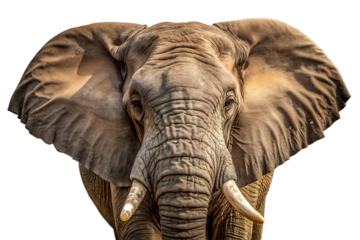 Front view closeup portrait of a majestic african elephant with large ears and tusks, isolated on transparent background