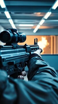 Close up of man aiming tactical rifle with red dot sight in indoor shooting range with muzzle flash in background. Concept of firearm training, tactical shooting, military preparation Vertical