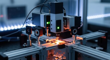 Fiber Bragggrating inscription station featuring compact laser modules and highaccuracy translation stages in a controlled environment for sensor manufacturing.