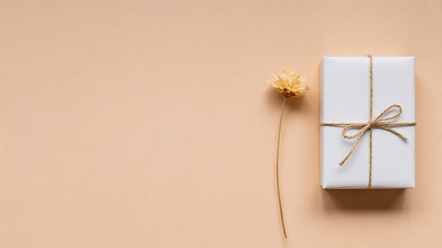 White gift box with brown string and dried flower on beige background, minimalist celebration design