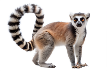 A ringtailed lemur standing and looking at the camera, isolated on transparent background