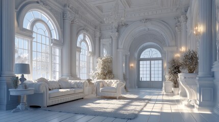 Serene White Palace Interior: Sunlight Illuminates Elegant Room