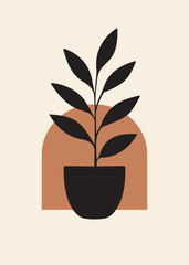 Minimalist abstract art, silhouette of a plant vase geometric figure behind. Pink, black, and beige. Neutral colors. Modern decor