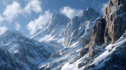 Majestic snowy mountain range landscape with clouds and blue sky view