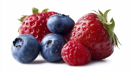 Fresh Red Strawberries Blueberries and Raspberries on White Background