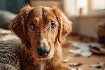 Adorable brown dog with soulful eyes, looking directly at the camera.
