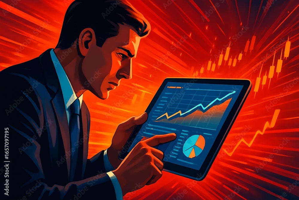 Wall mural a focused businessman in a sharp suit using a digital tablet to analyze large datasets in a fast-pac