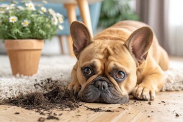 Guilty French Bulldog Lying Beside Spilled Plant Soil on a Messy Floor