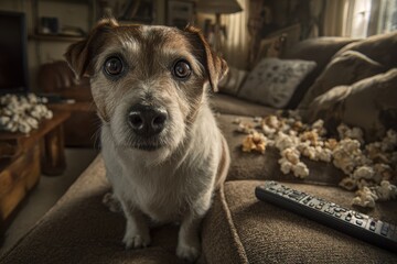 Adorable terrier mix with wide eyes looking for popcorn on the sofa.