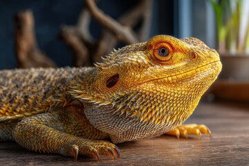Obraz premium Close-up portrait of a vibrant yellow bearded dragon with intricate scales resting on a wooden surface, showcasing its unique features.