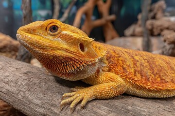 Obraz premium Vibrant close-up of an orange bearded dragon on wood, showcasing its scales.