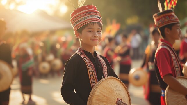 Woman in traditional dress holding drum. Ancestors a realistic video of the celebration of xiangkhouang laos. A field of laotian heritage of cultural traditions. A woman wearing traditional lifestyle.