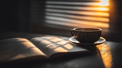 Coffee Cup Sitting on Open Book with Sunlight Streaming Through Window During Sunset