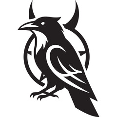 A raven with horns silhouette, a mysterious and gothic bird, isolated on white background