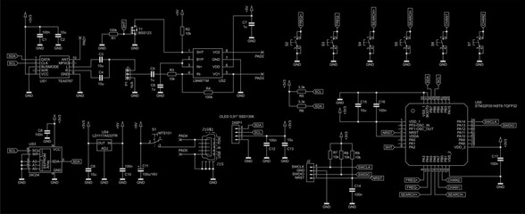 Schematic diagram of electronic device on paper sheet. Vector drawing electrical circuit with
resistor, capacitor, integrated circuit, 
usb connector, memory chip,
diode, microcontroller, other.