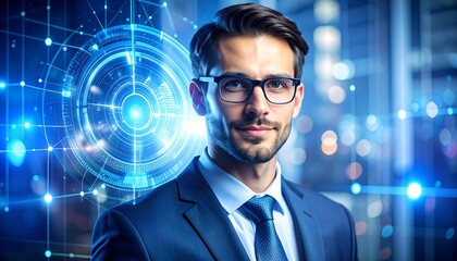 Businessman in suit with a confident expression, against a backdrop of futuristic technology and abstract graphic overlays, creates a professional and modern image.