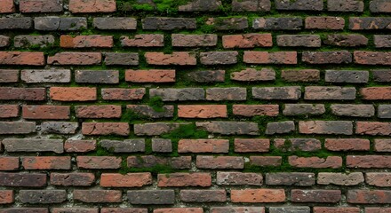 Obraz premium Close-up of an old, weathered brick wall adorned with green moss, creating a rustic and natural texture background.